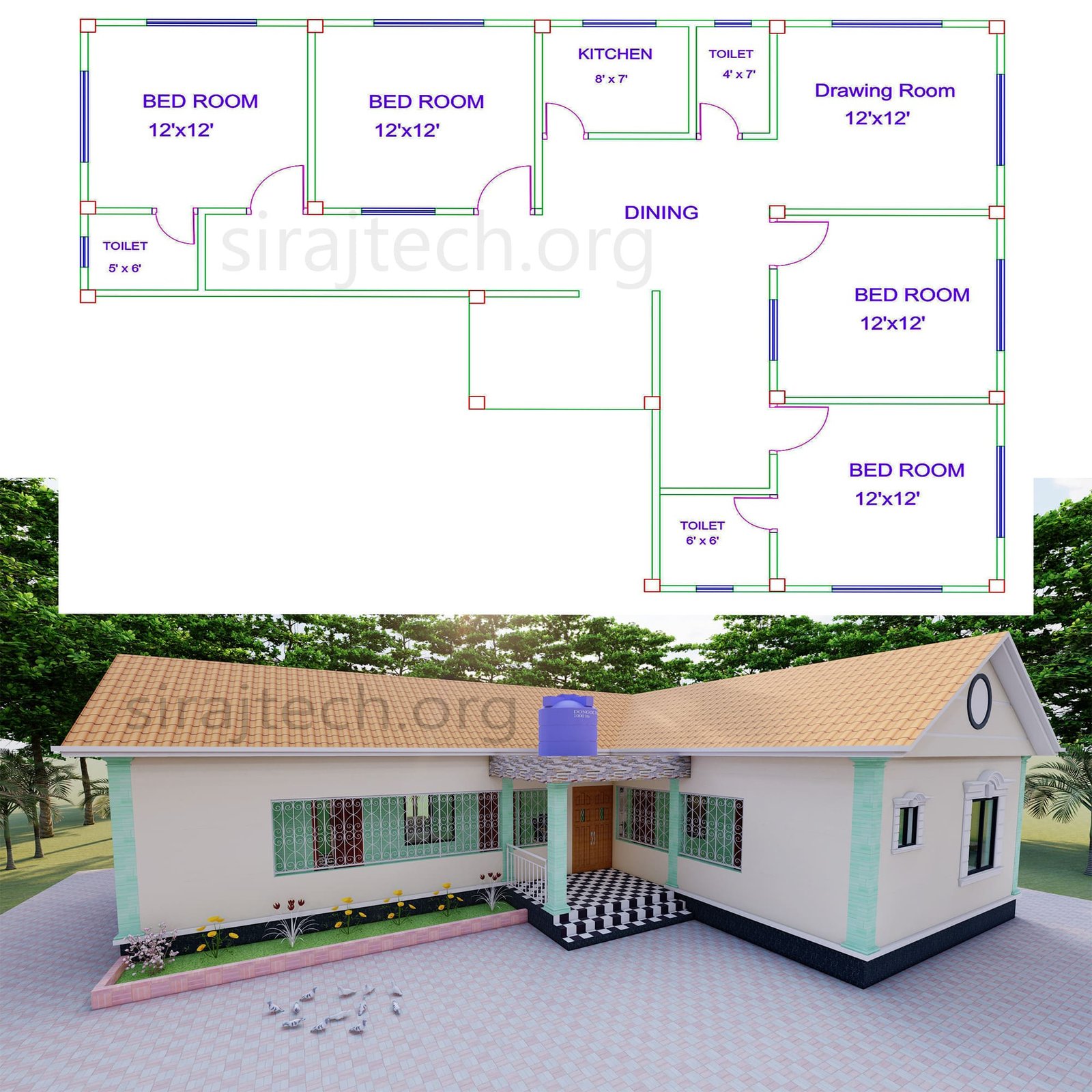 L system house design - চার রুমের বাড়ির ডিজাইন