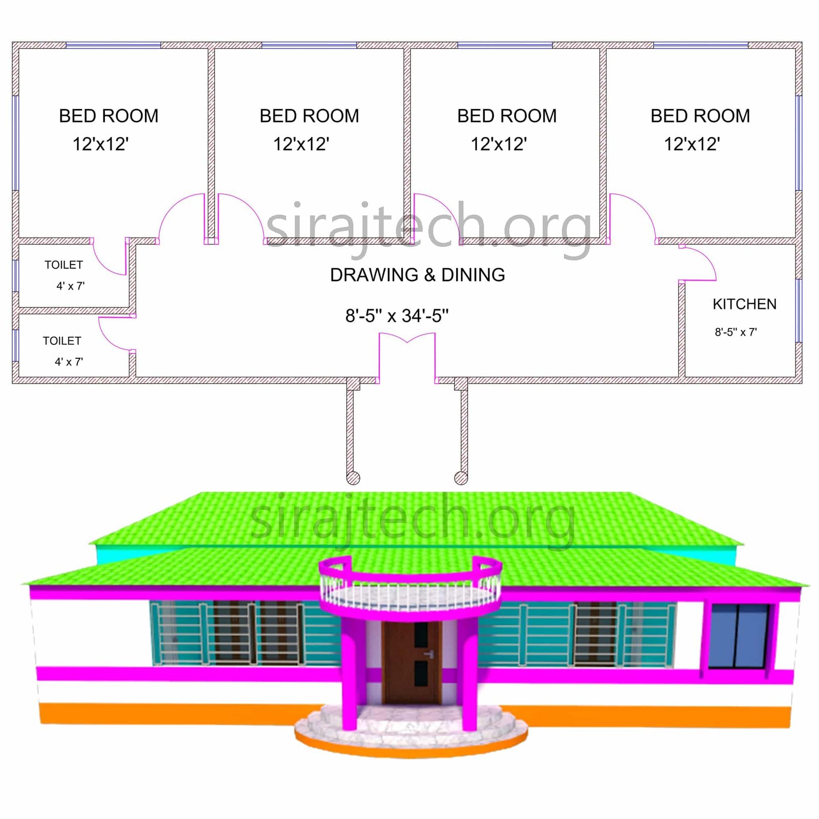 4 bedroom simple house plans - টিনের ঘরের ডিজাইন চার রুম 2