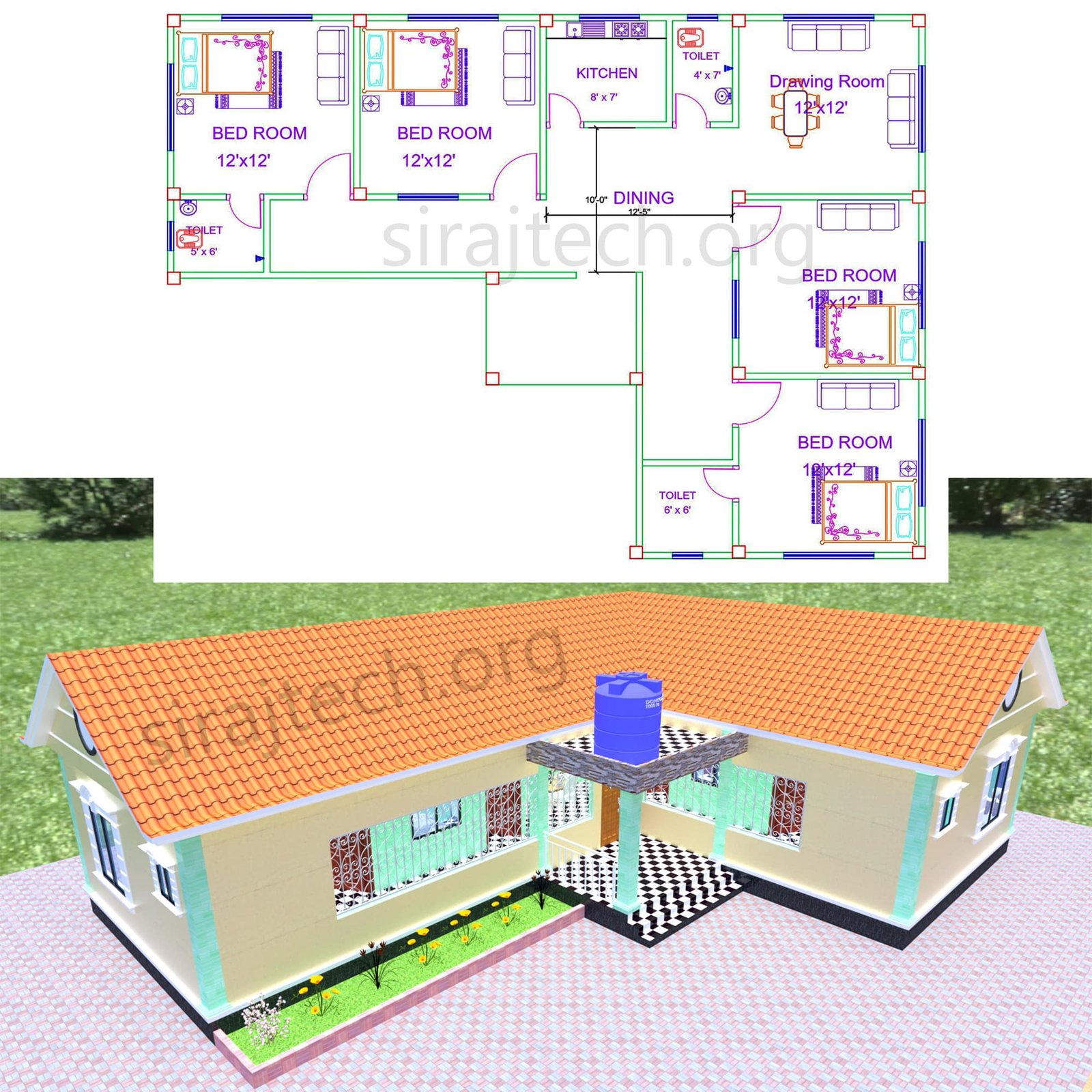 L system house design - চার রুমের বাড়ির ডিজাইন 3
