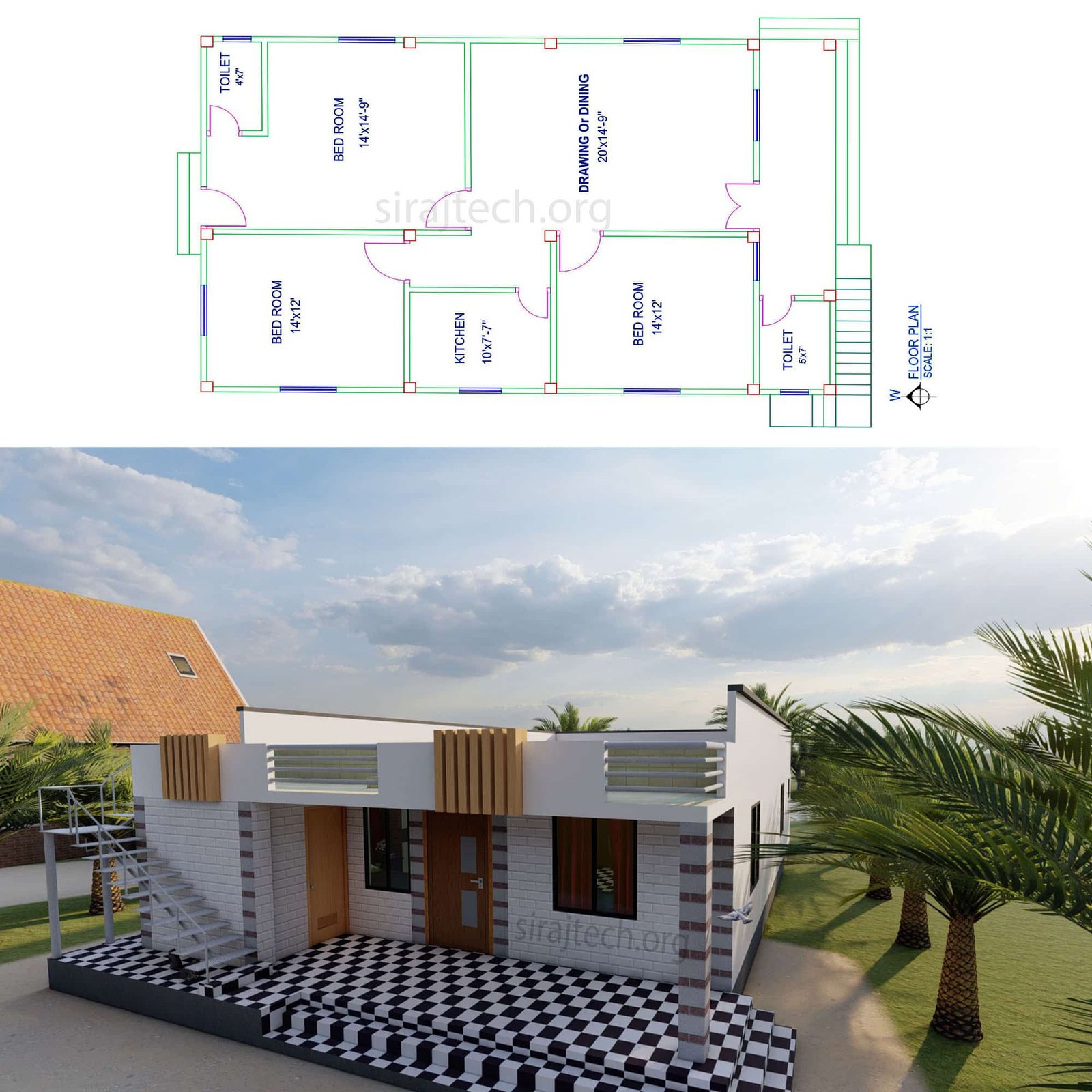 Modern one story house plans - একতলা বাড়ির পরিকল্পনা 2
