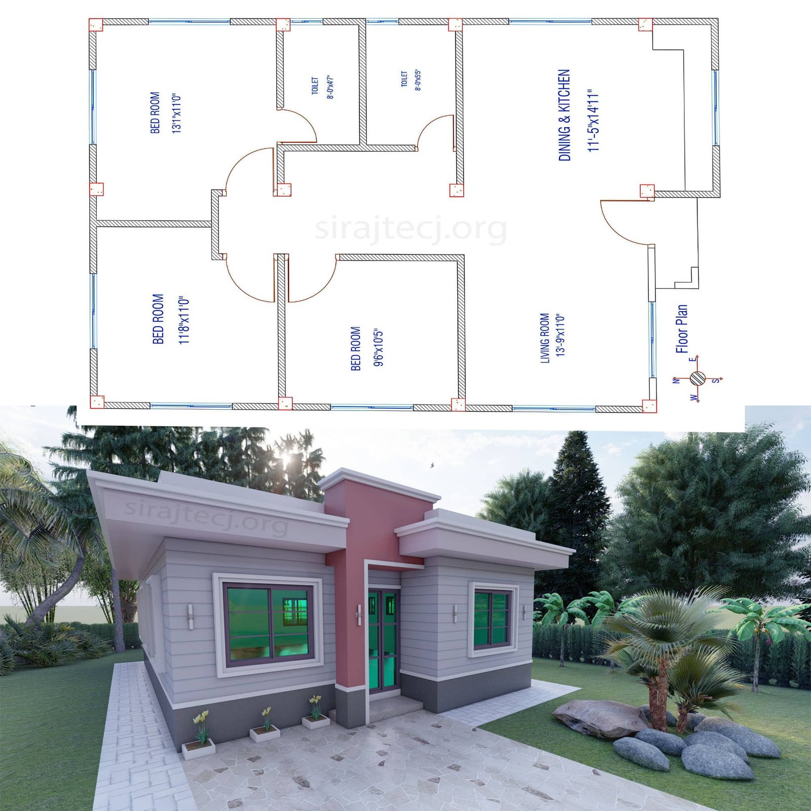 3 bedroom building plan - ৩ রুমের বাড়ির ডিজাইন 2