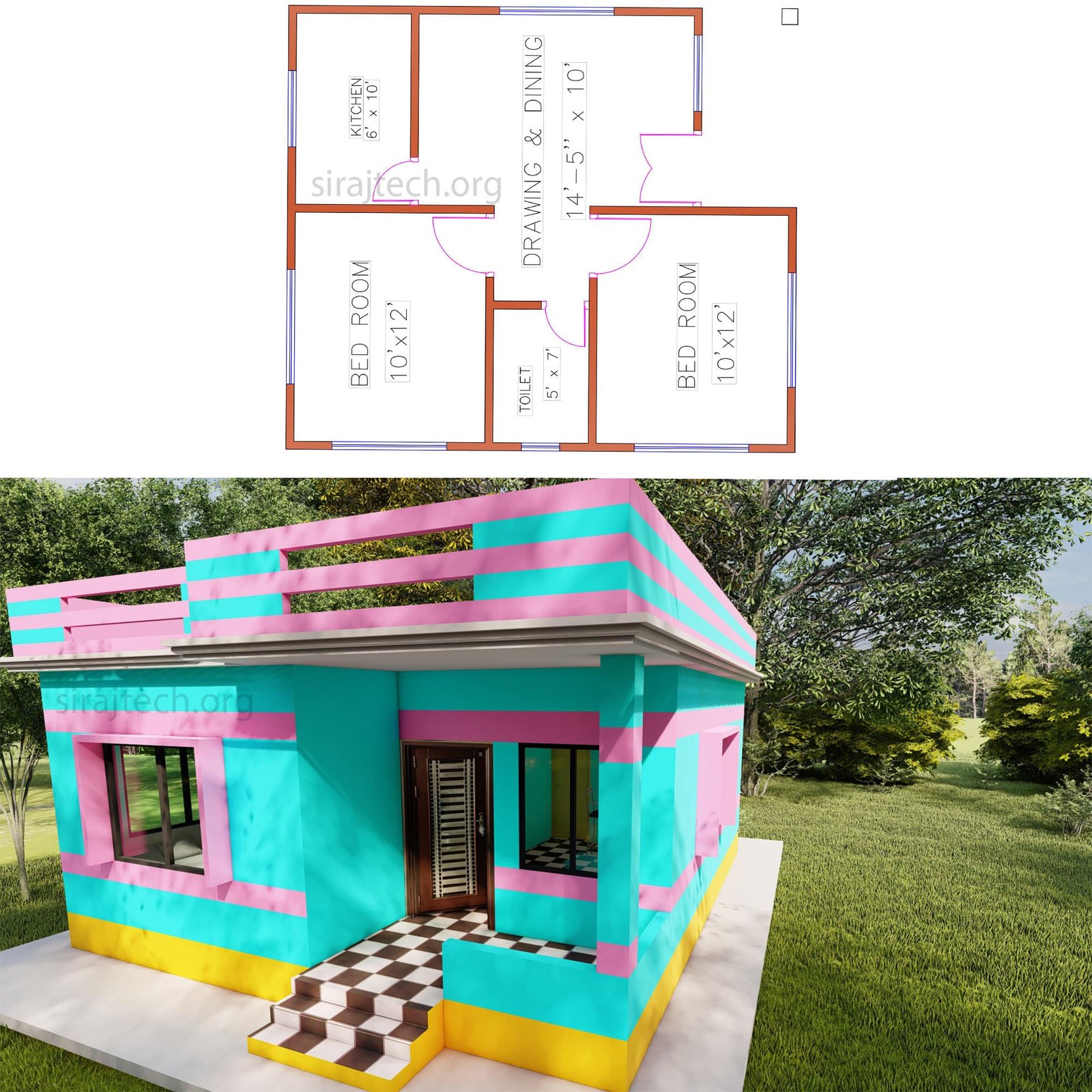 Small 2 bedroom house plans and designs - দুই রুমের বাড়ির নকশা 4