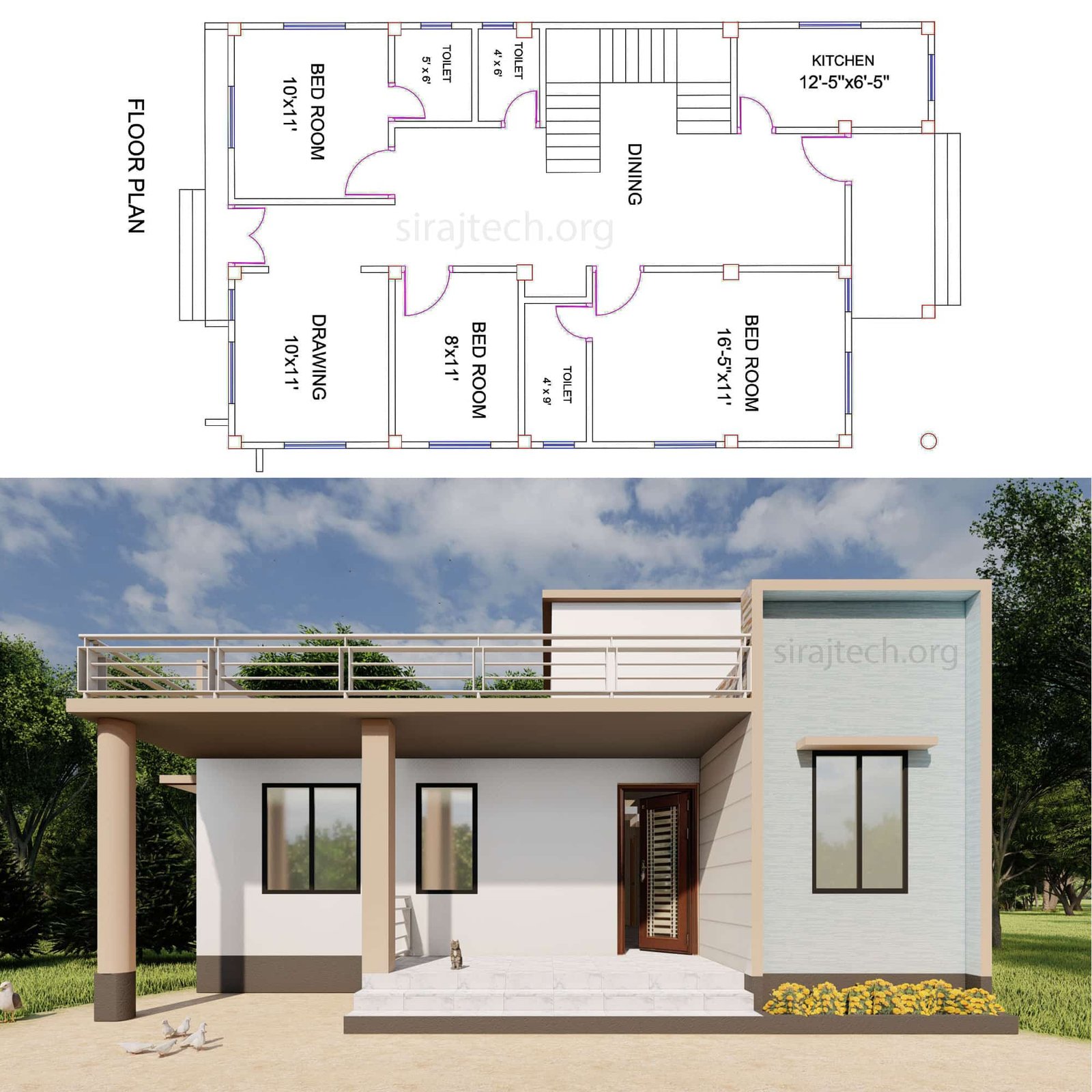 3bhk single floor house plan - কম খরচে গ্রামের বাড়ির ডিজাইন 4