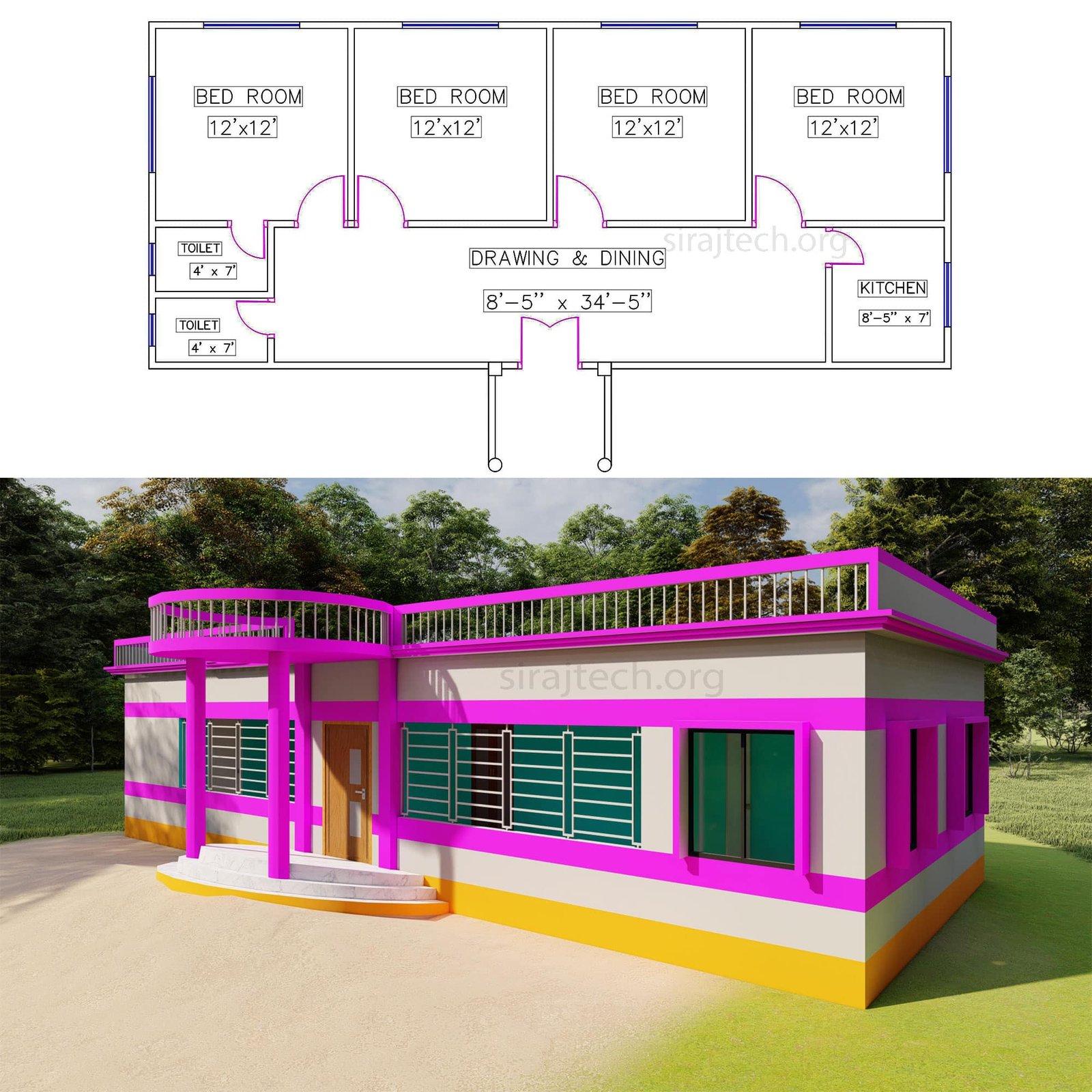 4 bedroom 3d house plans - কম খরচে ৪ বেডরুমের একতলা বাড়ি 2