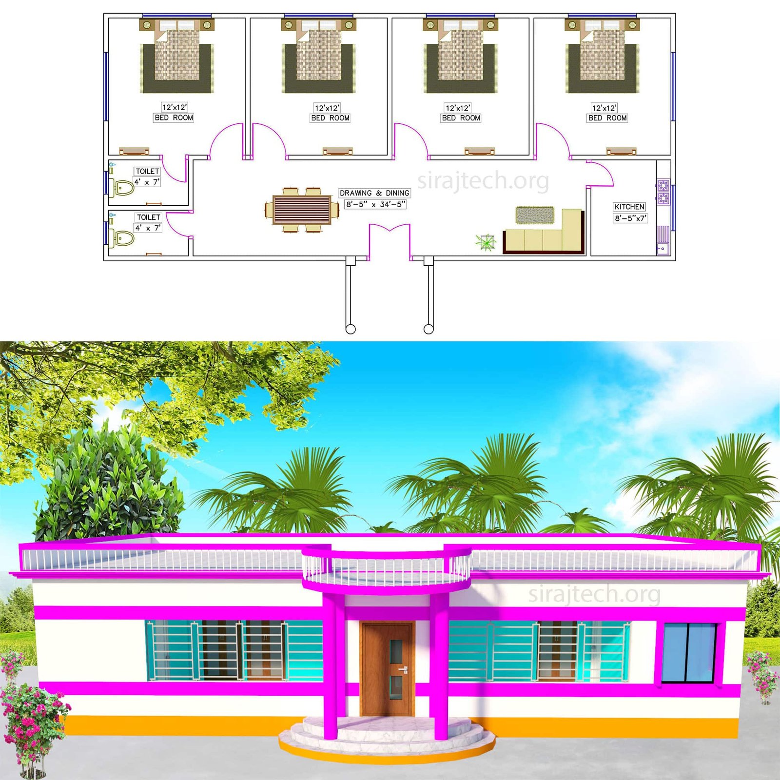 4 bedroom 3d house plans - কম খরচে ৪ বেডরুমের একতলা বাড়ি