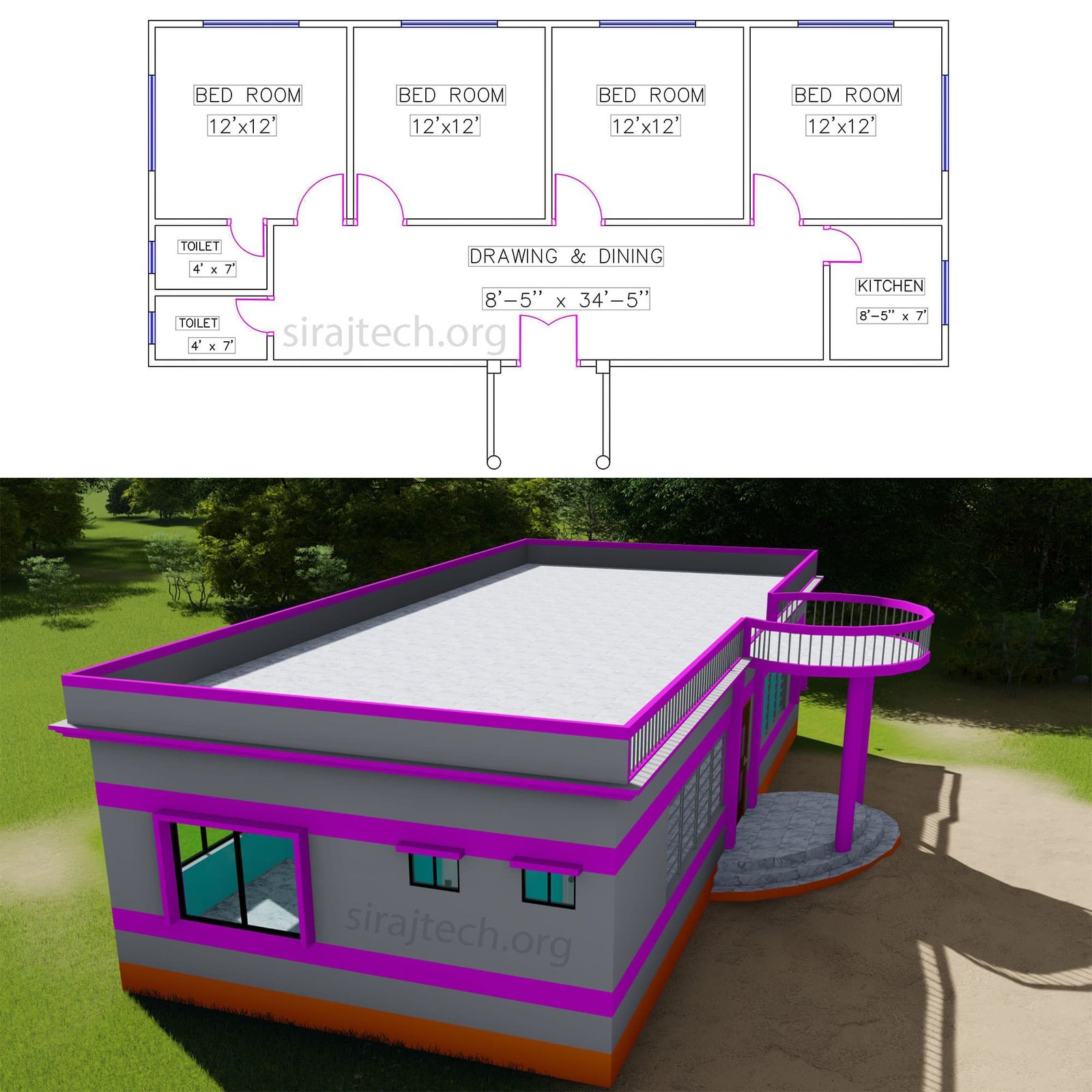 4 bedroom 3d house plans - কম খরচে ৪ বেডরুমের একতলা বাড়ি 4