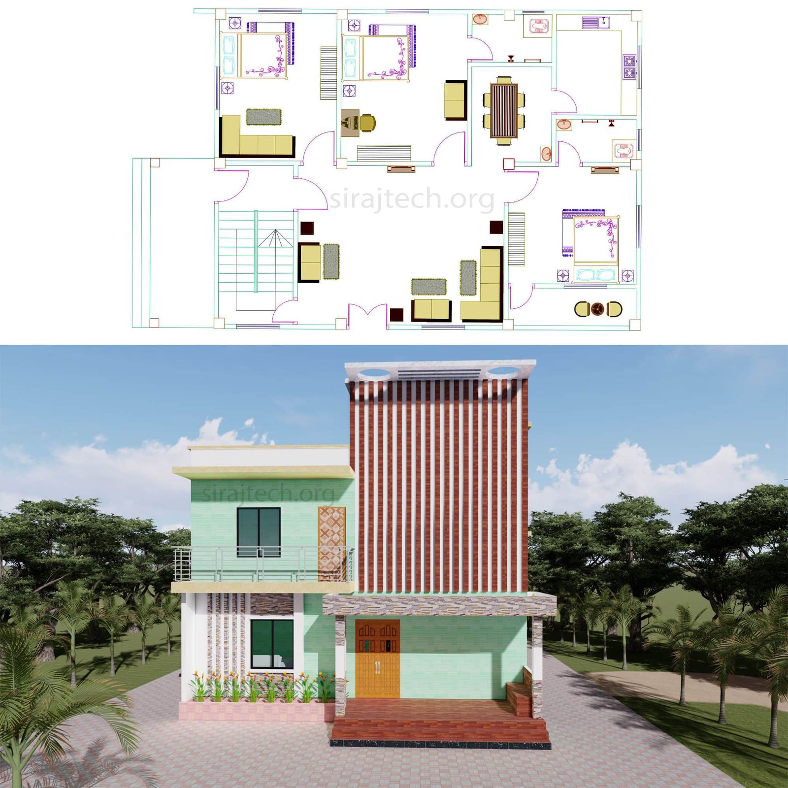 Low cost duplex house design in Bangladesh - ৬ বেডরুম এর ডুপ্লেক্স বাড়ি