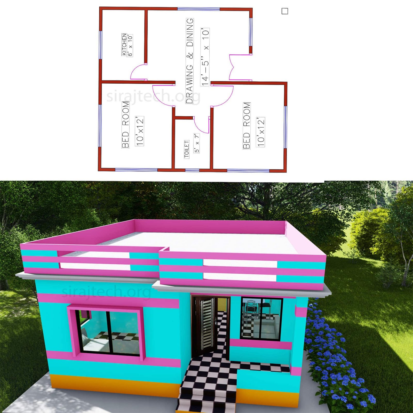 Small 2 bedroom house plans and designs - দুই রুমের বাড়ির নকশা 3