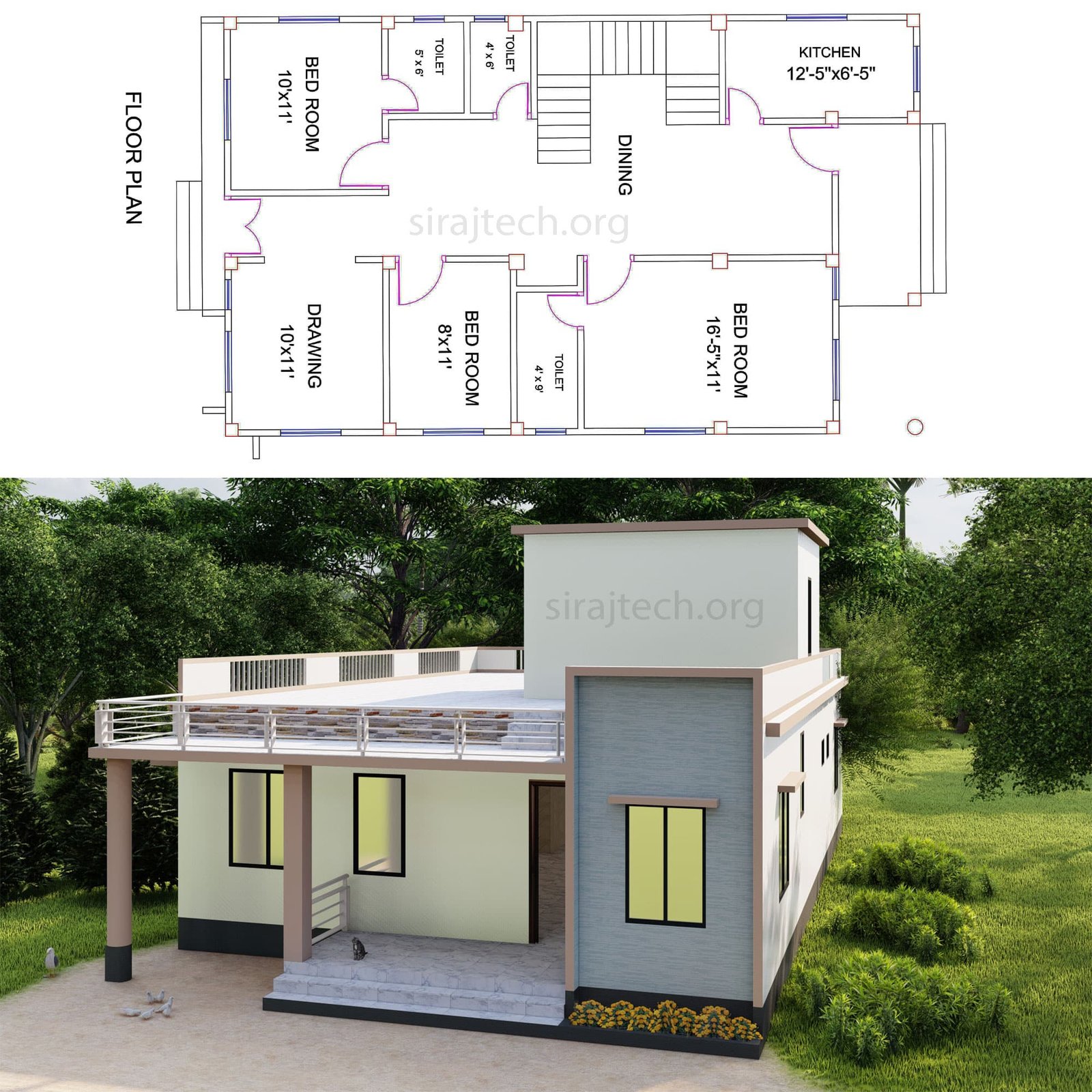3bhk single floor house plan - কম খরচে গ্রামের বাড়ির ডিজাইন 2
