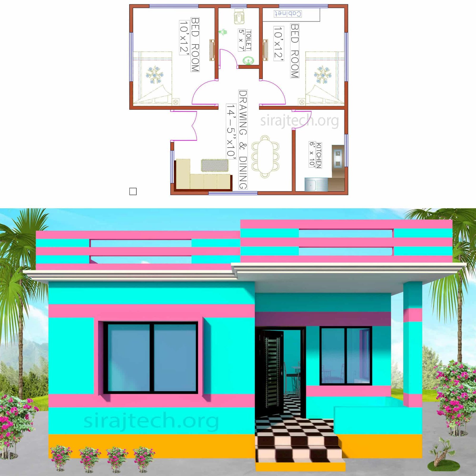 Small 2 bedroom house plans and designs - দুই রুমের বাড়ির নকশা