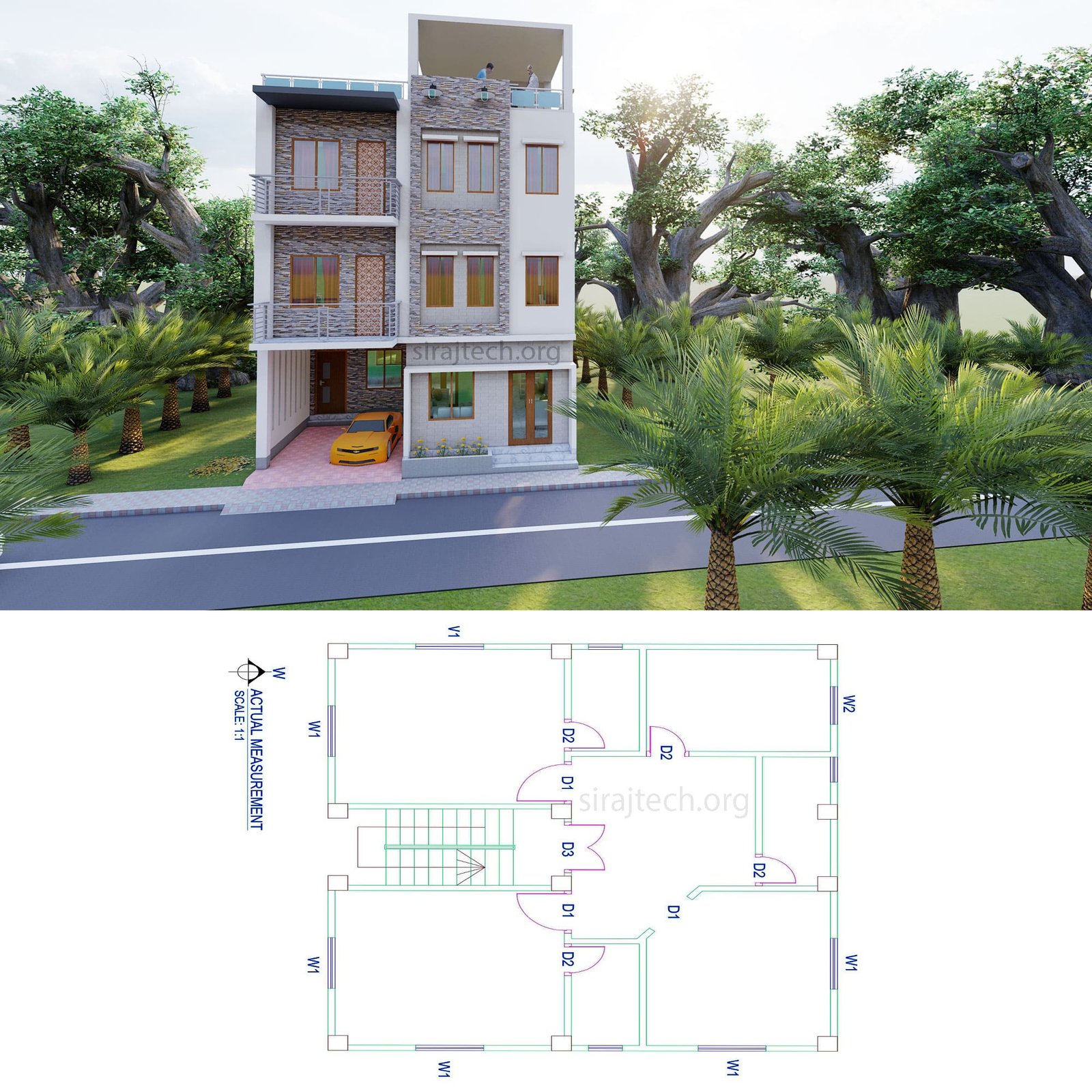 Modern 3 storey house design with rooftop - স্বল্প খরচে বাড়ির ডিজাইন 2