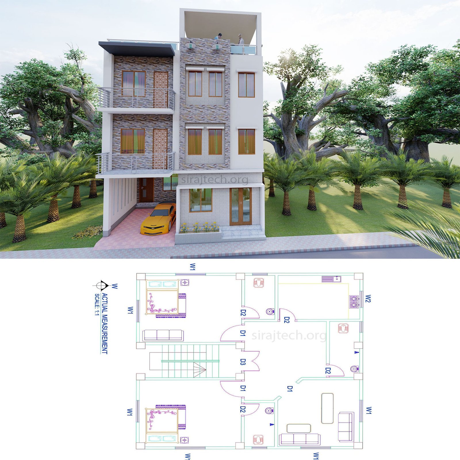 Modern 3 storey house design with rooftop - স্বল্প খরচে বাড়ির ডিজাইন 4
