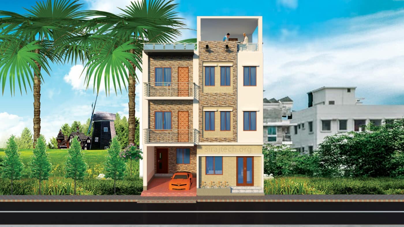Modern 3 storey house design with rooftop