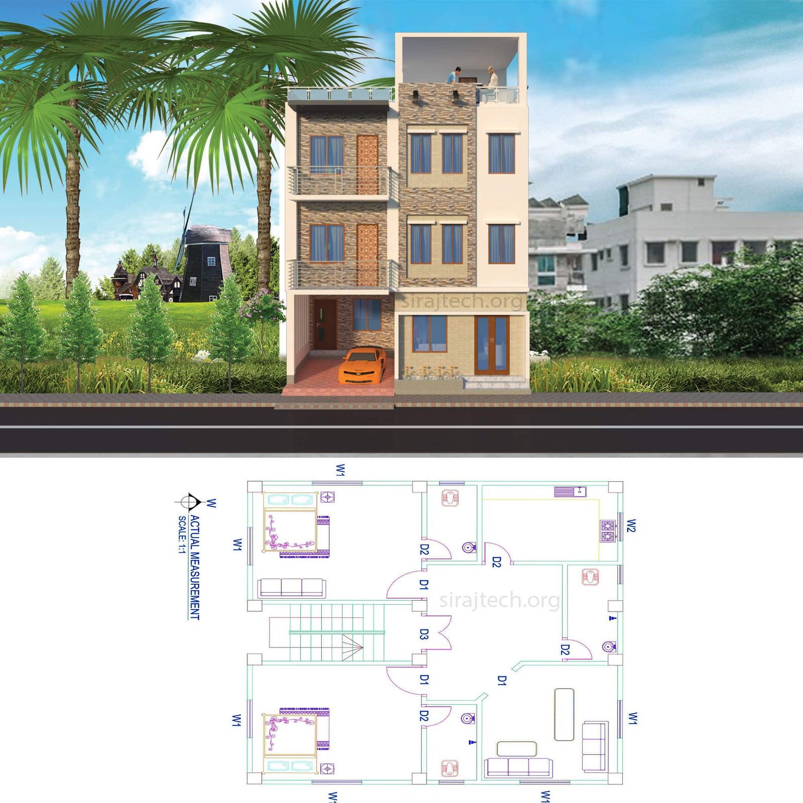 Modern 3 storey house design with rooftop - স্বল্প খরচে বাড়ির ডিজাইন
